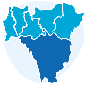 Icon representing a map of the six Boroughs of south east London, with five Boroughs in light blue and Bromley coloured in dark blue. Behind the map, a circle in lighter blue