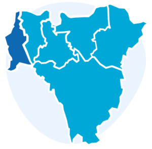 Icon representing a map of the six Boroughs of south east London, with five Boroughs in light blue and Lambeth coloured in dark blue. Behind the map, a circle in lighter blue