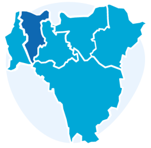 Icon representing a map of the six Boroughs of south east London, with five Boroughs in light blue and Southwark coloured in dark blue. Behind the map, a circle in lighter blue