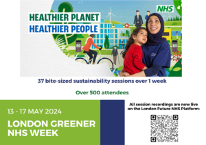 Healthier planet, healthier people. 37 bite-sized sustainability sessions over 1 week. Over 500 attendees. 13-17 May 2024, London Greener NHS Week. All sessions recordings are now live in the London Future NHS Platform.