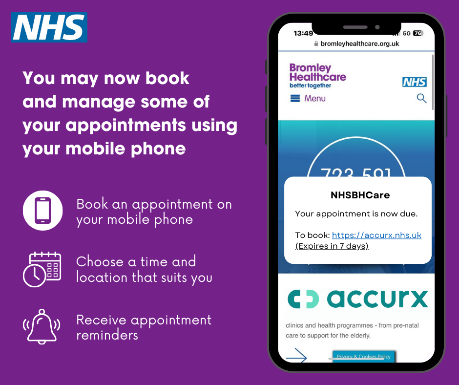 NHS poster promoting mobile appointment booking via Bromley Healthcare and Accurx. Features a smartphone displaying an NHS appointment reminder. Highlights key benefits: booking via mobile, choosing a convenient time and location, and receiving appointment reminders. Purple background with NHS and Accurx logos.