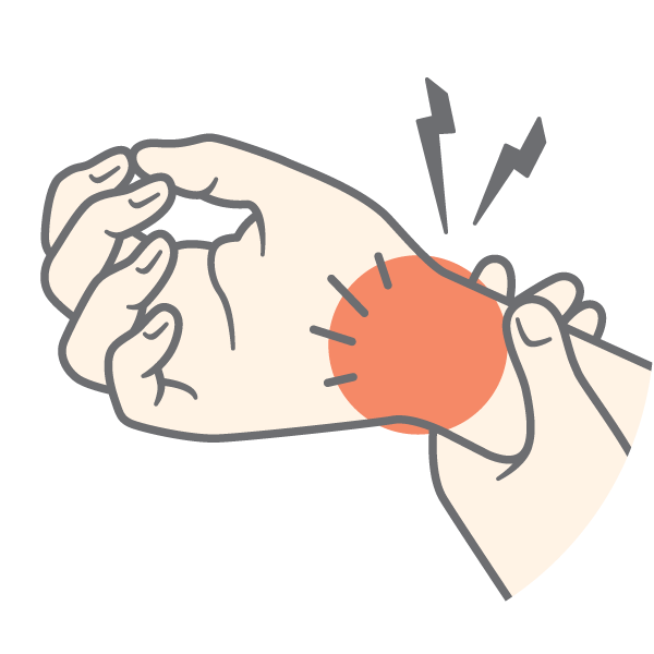 Illustration of a person holding their wrist, with a red mark on it and lines to signify pain