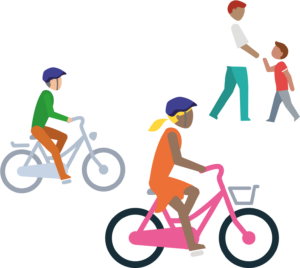 Illustration of two people on a bike, and on the top right a person with a child.