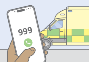 a mobile phone calling the 999 number, and an ambulance behind