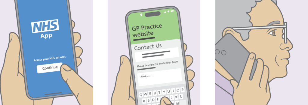 Illustration of: 1) a mobile phone with the screen of the NHS app; 2) A mobile phone with the browser on a "GP Practice website" contact form; 3) a person talking to a mobile phone