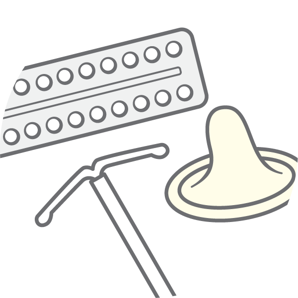 Illustration of pills, a condom and an intrauterine device