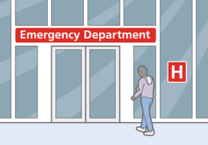 A person walking into a building that has a red "Emergency Department" sign and a red "H" sign on it.