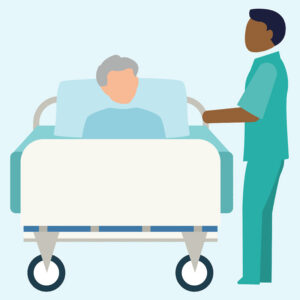 Illustration of a patient in a hospital bed. Near to them, a healthcare professional