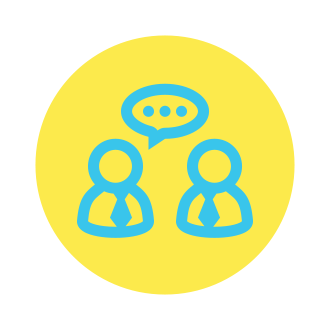 Icon of two people with ties talking, with a speech bubble above one of them.