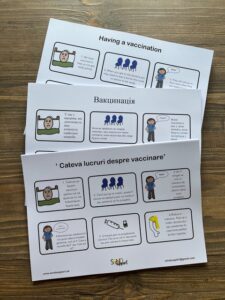 Cards created in the workshop, depicting a timetable of what happens at a routine vaccination appointment. One is the original card in English, and the others are the same card translated to Romanian and Ukrainian.