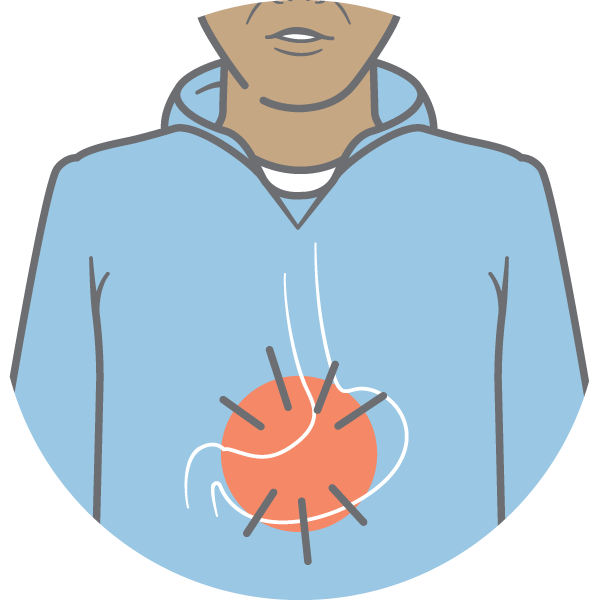 Illustration of the top half of a person, with a stylised digestive system. On the stomach, a red circle and lines indicate pain.