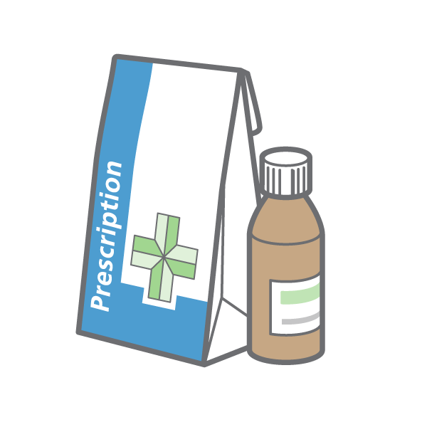 Illustration of a pharmacy bag with the word "prescription" on it, alongside a bottle of medicines