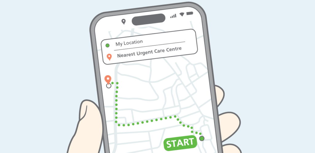 Illustration of a phone showing a digital map, with a path from a "start" to a final point "Nearest Urgent Care Centre"