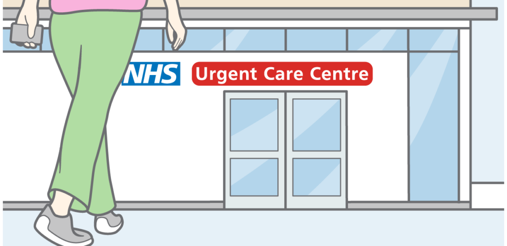 Illustration of a person walking towards a bulging, which has a sign "NHS - Urgent Care Centre" on it