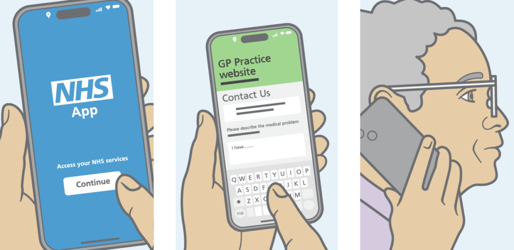 Illustration of: 1) A phone with the screen of the NHS app; 2) A phone with the browser on the GP Practice website, 'contact us' page; 3) A person talking on a mobile phone.