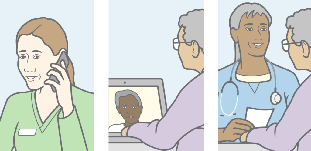 Illustration of: 1) A healthcare professional talking on a mobile phone; a person talking to another one on their laptop; a healthcare professional talking to a person.