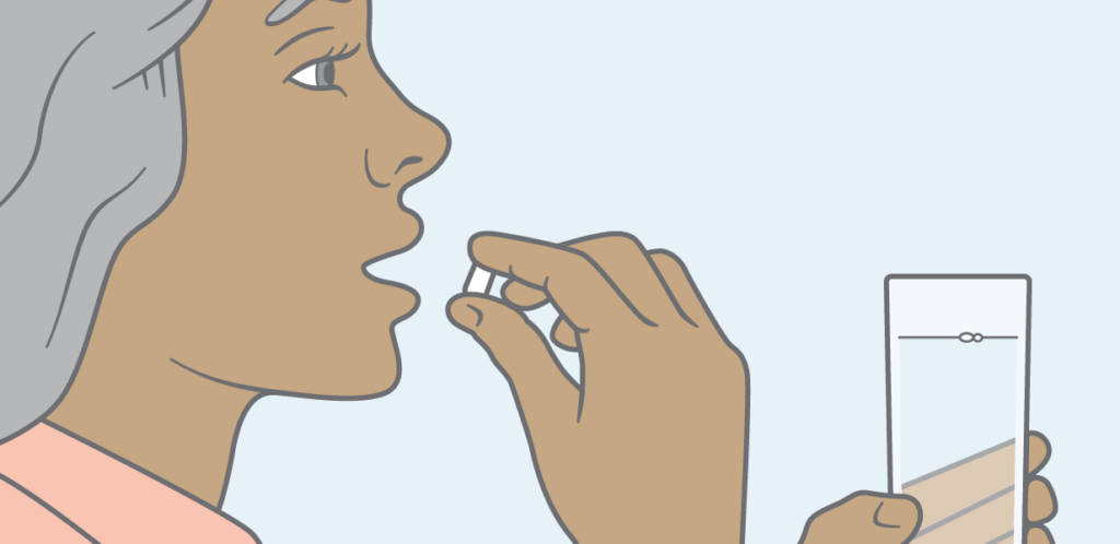 Illustration of a person taking a pill, while holding a glass of water.