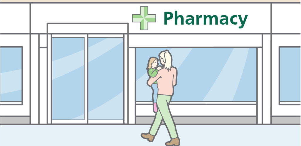 Illustration of a person, holding a child, walking towards a building with a "Pharmacy" sign