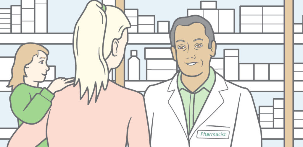 Illustration of a person, holding a child, speaking to a pharmacist