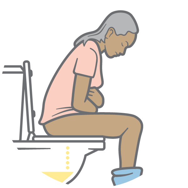 Illustration of a woman seated on a toilet, peeing, with their arms on their stomach