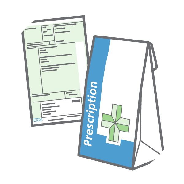 Illustration of a pharmacy bag with a prescription sheet