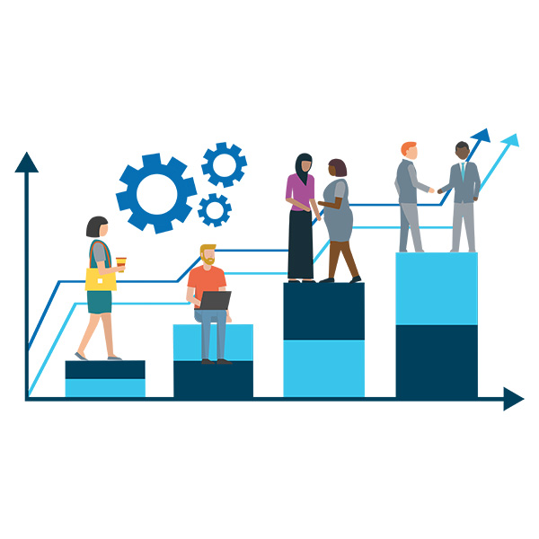 People standing on each bar graphic pointing up, with some cogwheels on the background