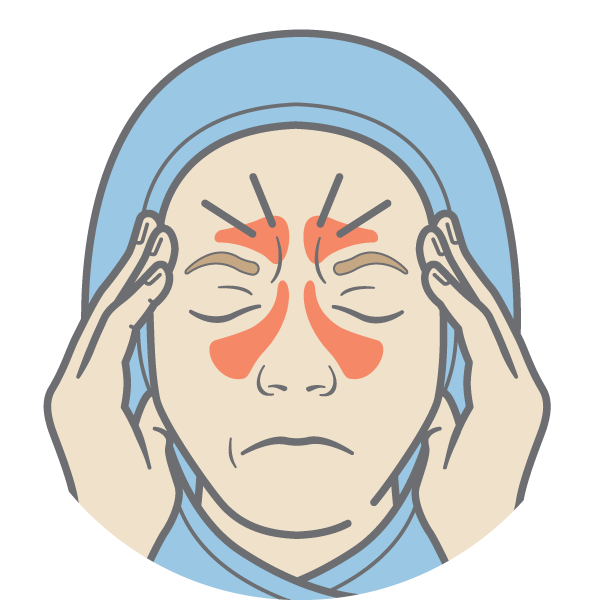 Image of a woman with their eyes closed and their hands on their temples. between their eyes, a red circle and lines indicate pain.