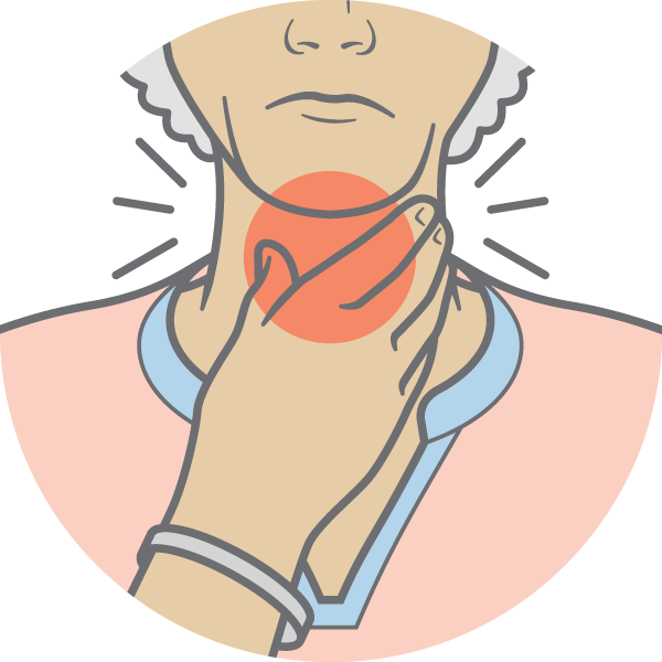 Illustration of a person holding their throat, with a red circle and lines to signify pain.