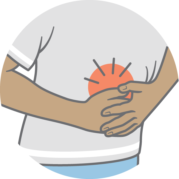 Illustration of a person holding their hands on their stomach, on which a red circle and lines signify pain