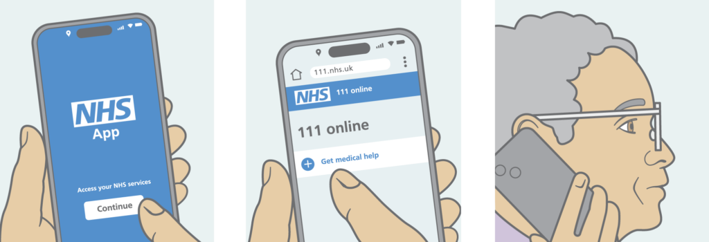 Illustration of: 1) mobile phone with the NHS App screen; 2) mobile phone with the browser on the 111 online page; 3) a person making a call with a mobile phone