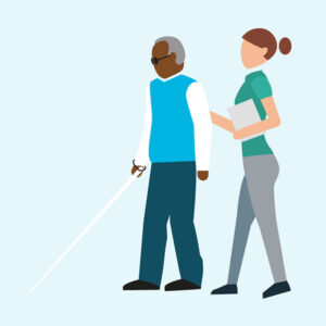 Illustration of a man with a walking stick and sunglasses, helped by a woman behind him